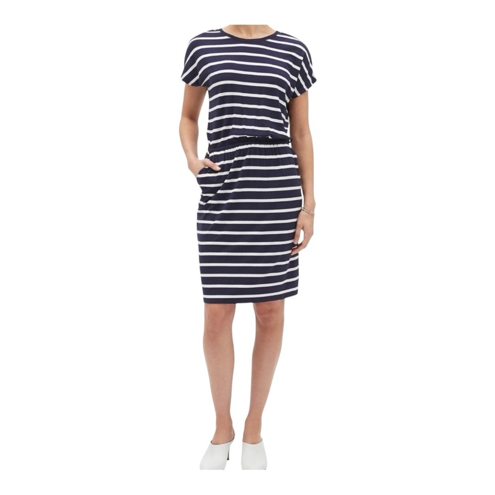 NWOT Banana Republic Factory Cap Sleeve Navy White Striped Casual Dress, Small